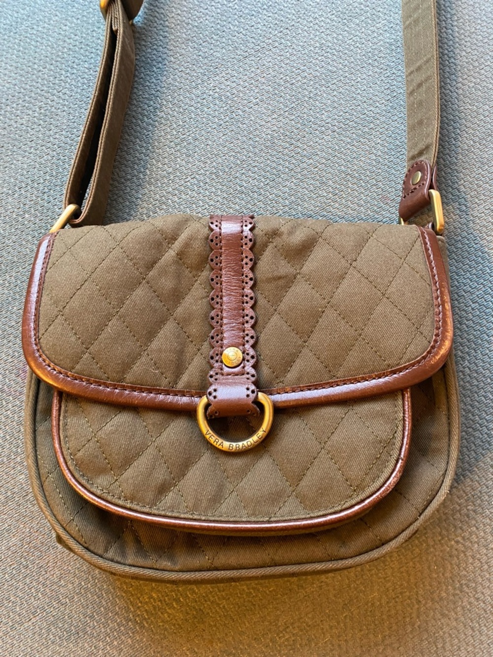 Vera Bradley Quilted Olive Crossbody with Brown Trim